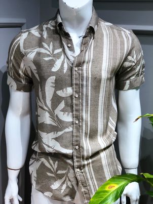 Striped And Flower Figured Design Short Sleeved Men's Shirt