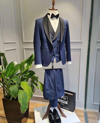 Quesste Ceremonial Blue Color With Black Collar Men's Suit