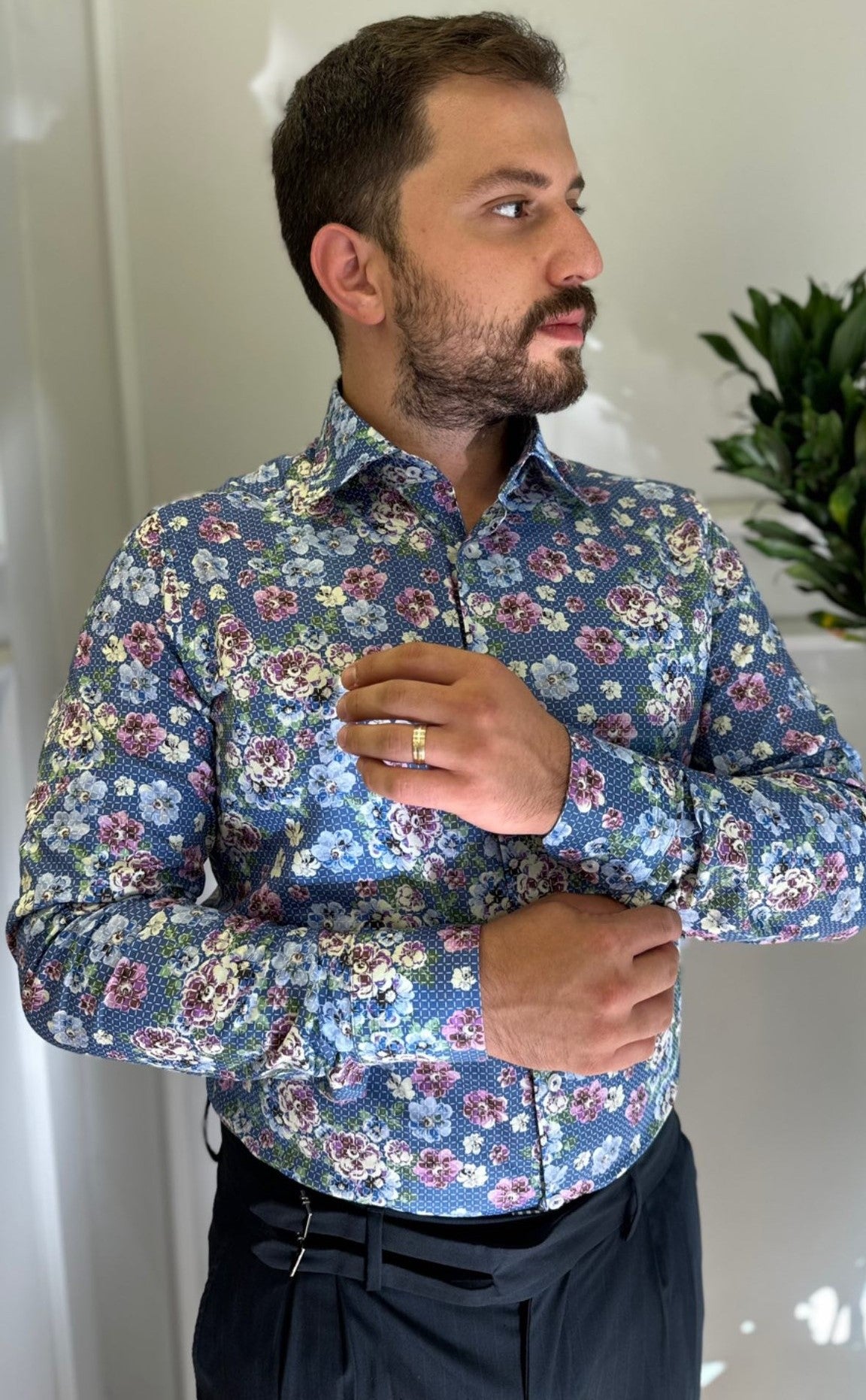 Long Sleeve Flowers Design Men's Shirt