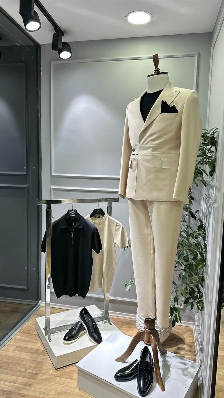 Beige Color Belted Blazer And Trouser Combined Casual Men's Suit