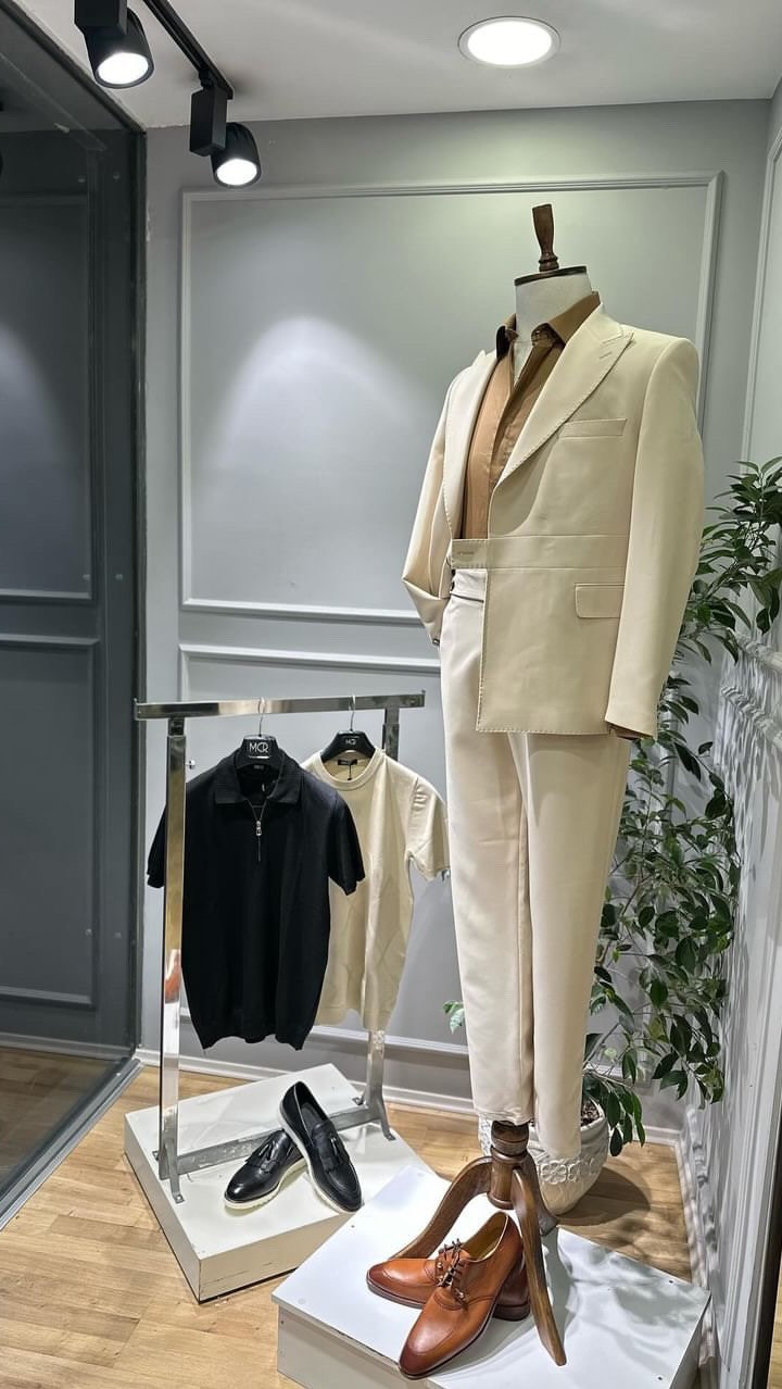 Beige Color Belted Blazer And Trouser Combined Casual Men's Suit