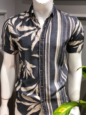 Striped And Flower Figured Design Short Sleeved Men's Shirt