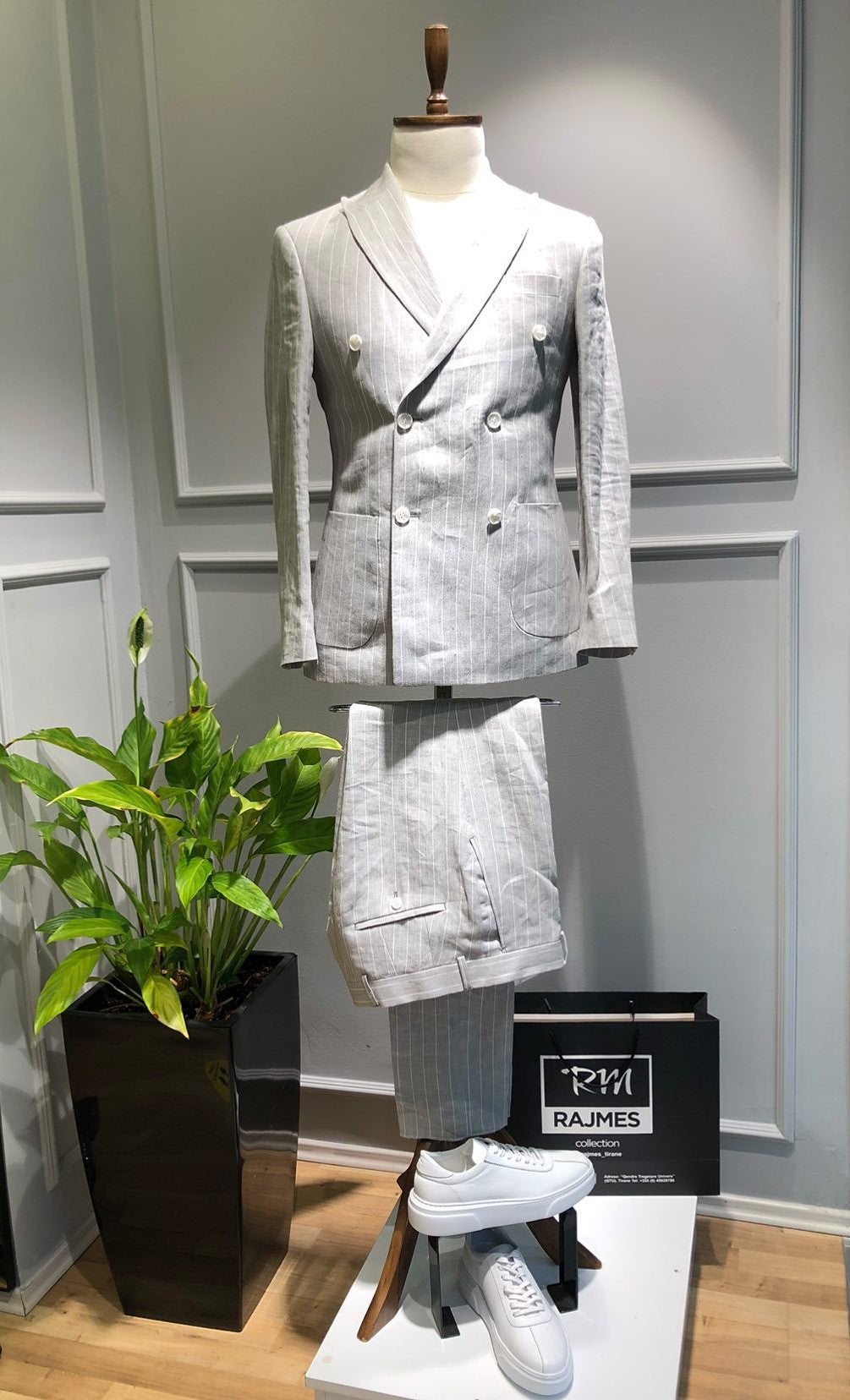 Striped Grey Linen Men's Casual Suit